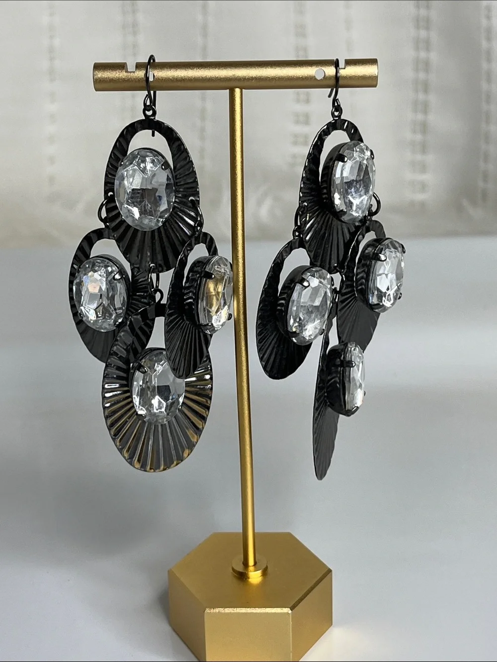 Gunmetal Gray  Drop Earrings with Clear Crystal Accents